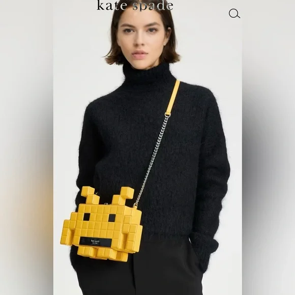 NWT Kate ♠️ Spade special edition SPACE INVADERS Yellow Pixelated Handbag - Picture 3 of 16